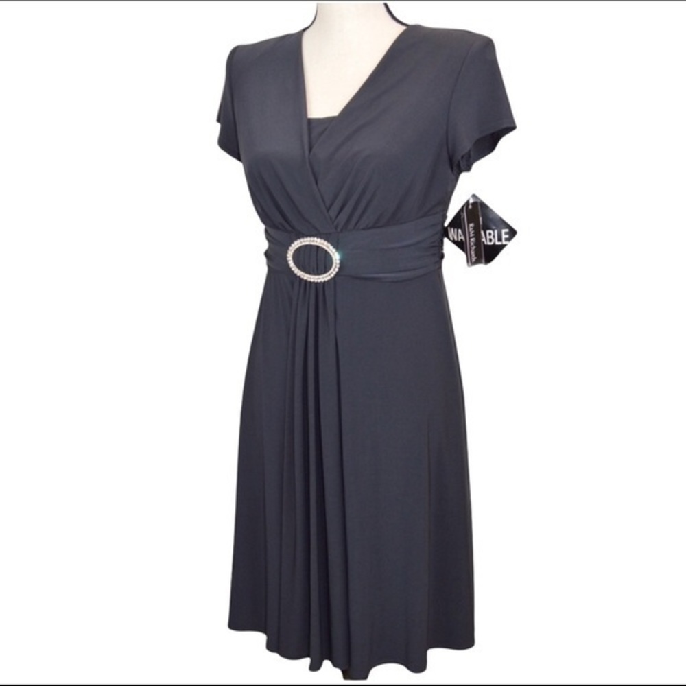 R&M Richards Surplice Short Sleeve Dress, Dark Gray, Size 6‎